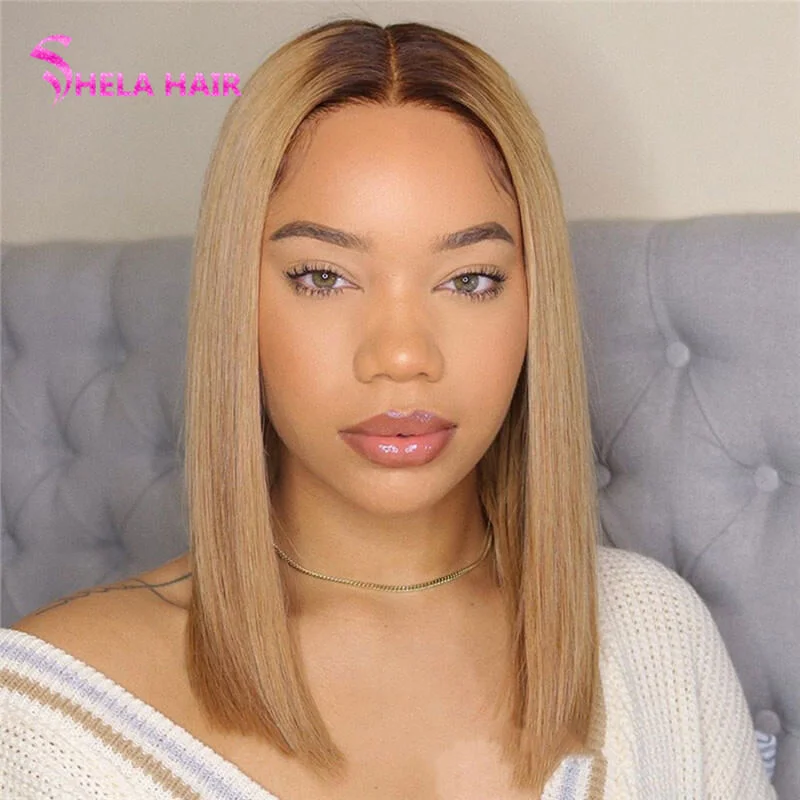 4/27 Honey Blonde Ombre Bob Wig Transparent Lace Wig