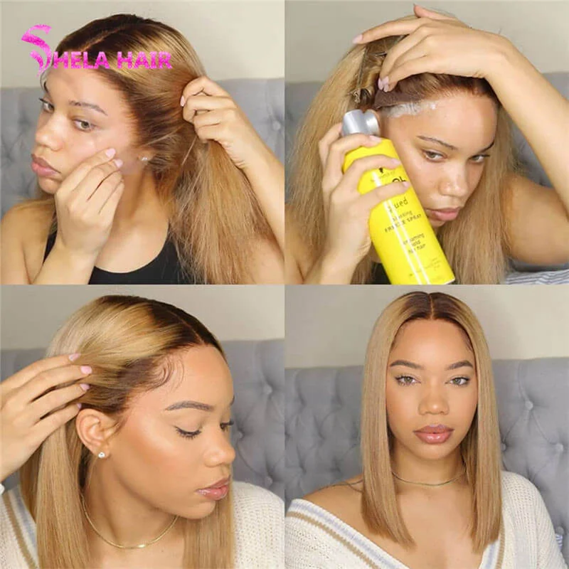 4/27 Honey Blonde Ombre Bob Wig Transparent Lace Wig