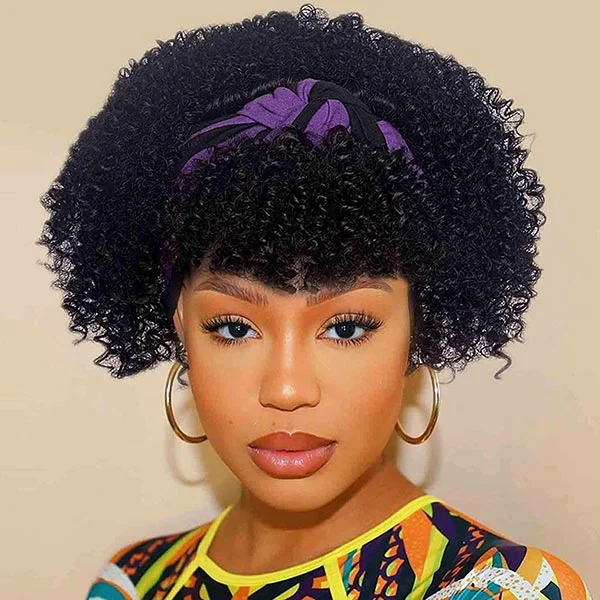 Junoda Hair Kinky Curly Short Bob Headband Wig Glueless Pixie Cut Wig with Bangs Brazilian Remy Hair 180% Density