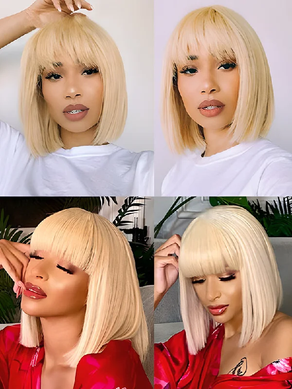 CurlyMe 613 Blonde Bob Wig With Bangs Straight No Lace Human Hair Wigs