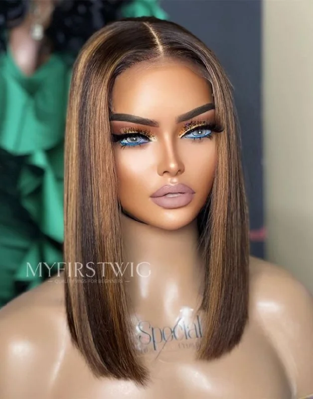 ASPECIALUNIT- Highlight Brown Bob Invisible Lace Glueless Human Hair Wig- SPE067