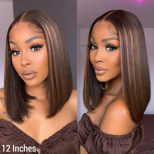 Glueless Chestnut Brown Highlights Straight 4x4 Closure Bob Wig 100% Human Hair