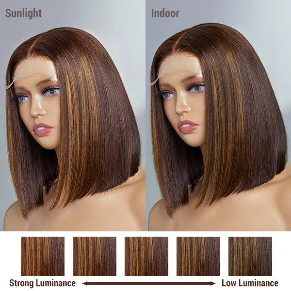 Glueless Chestnut Brown Highlights Straight 4x4 Closure Bob Wig 100% Human Hair