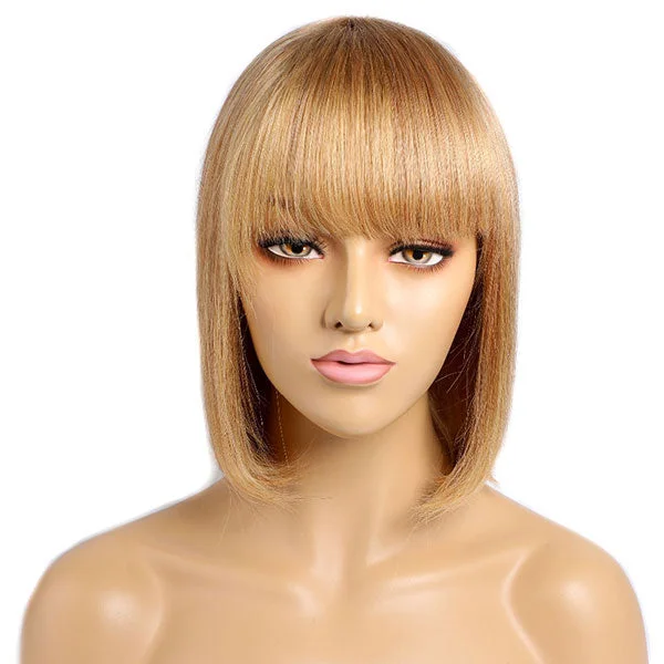 Junoda Caramel Blonde Human Hair Wig with Bangs Color 27 Blunt Cut Straight Short Bob Wigs