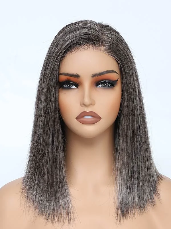 Junoda Silver Grey Salt and Pepper Pre Cut Lace Straight Bob Glueless Wig Short Human Hair Wigs