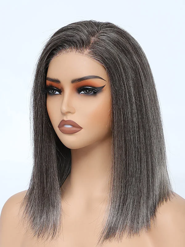 Junoda Silver Grey Salt and Pepper Pre Cut Lace Straight Bob Glueless Wig Short Human Hair Wigs