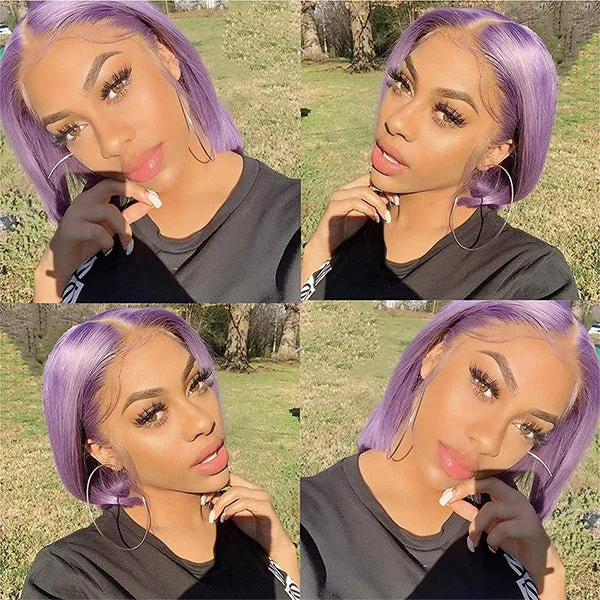 Short Purple Bob Wig 13x4 Colored Human Hair Lace Front Bob Wigs