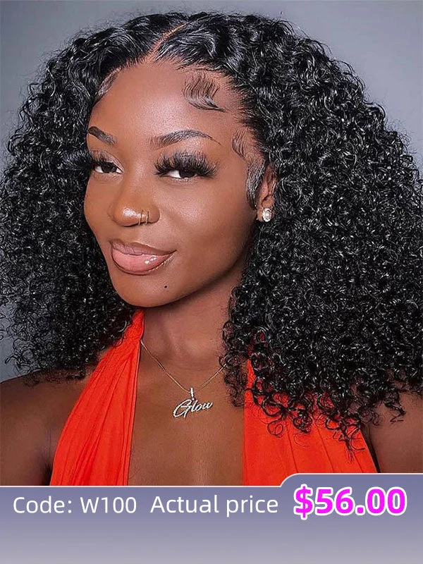 $100 Off Code: W100 | Wavymy Kinky Curly 13x4 Lace Frontal Short Bob Wigs 14 Inch  Human Hair 180% Density