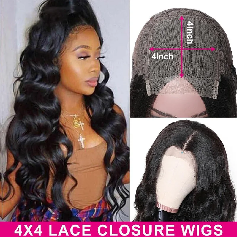 Body Wave 4x4 Lace Closure Wigs Peruvian Hair Natural Hairline