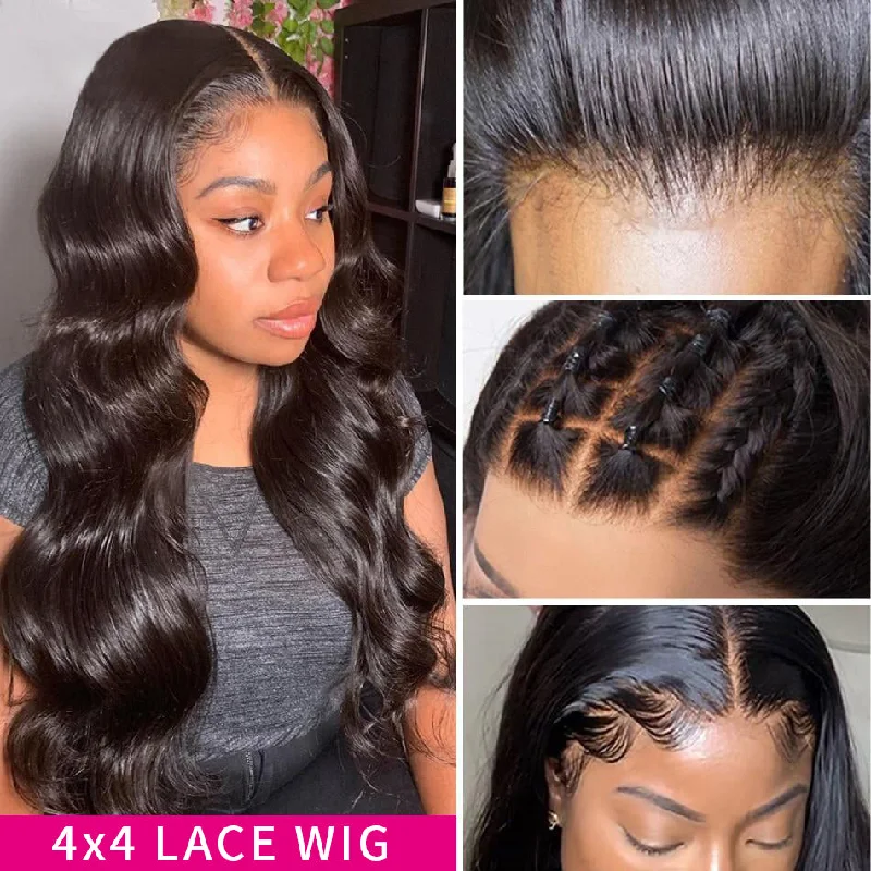 Body Wave 4x4 Lace Closure Wigs Peruvian Hair Natural Hairline