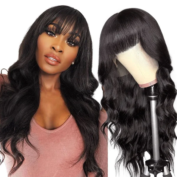 Body Wave Wig With Bangs 99J Colored Wigs With Bangs Machine Made Ginger Brazilian Hair Human Hair Wigs