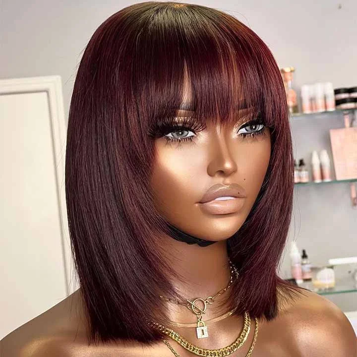 Burgundy Colored Straight 13x4 Lace Front Bob Layer Cut With Bangs Glueless Human Hair Wigs