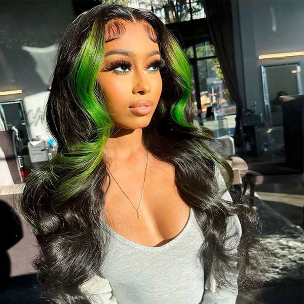 omgjackiee Recommend Color Green Skunk Stripe Hair Body Wave Human Hair Lace Front Wigs 180 Density