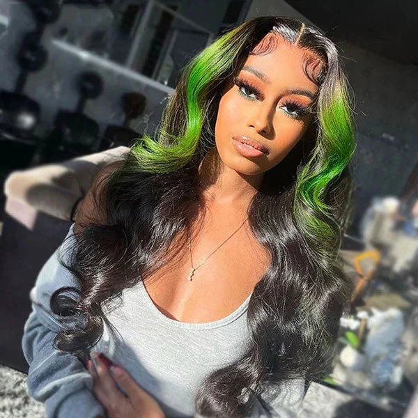 omgjackiee Recommend Color Green Skunk Stripe Hair Body Wave Human Hair Lace Front Wigs 180 Density