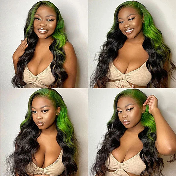 omgjackiee Recommend Color Green Skunk Stripe Hair Body Wave Human Hair Lace Front Wigs 180 Density