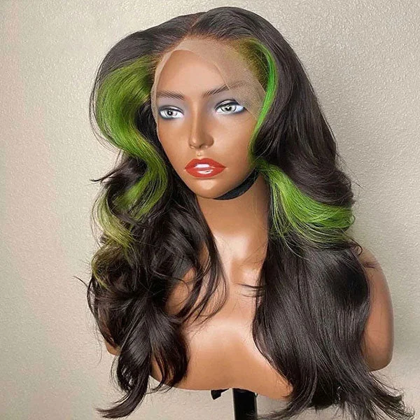 omgjackiee Recommend Color Green Skunk Stripe Hair Body Wave Human Hair Lace Front Wigs 180 Density