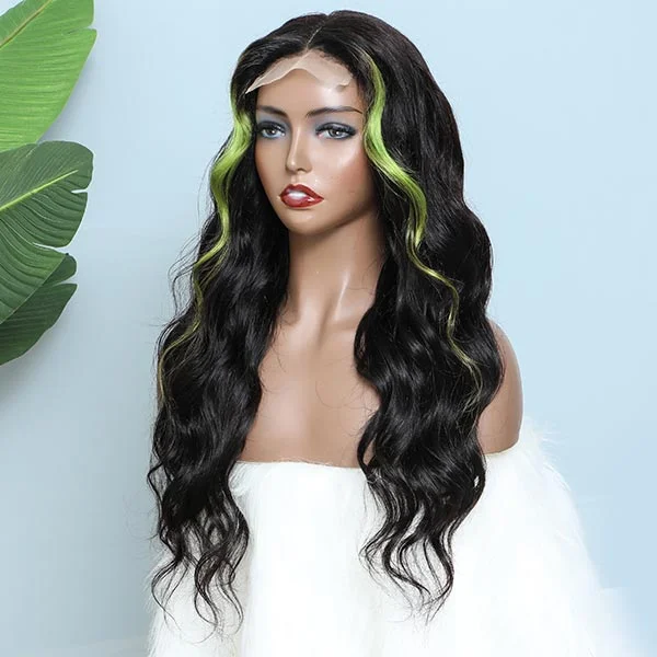 omgjackiee Recommend Color Green Skunk Stripe Hair Body Wave Human Hair Lace Front Wigs 180 Density