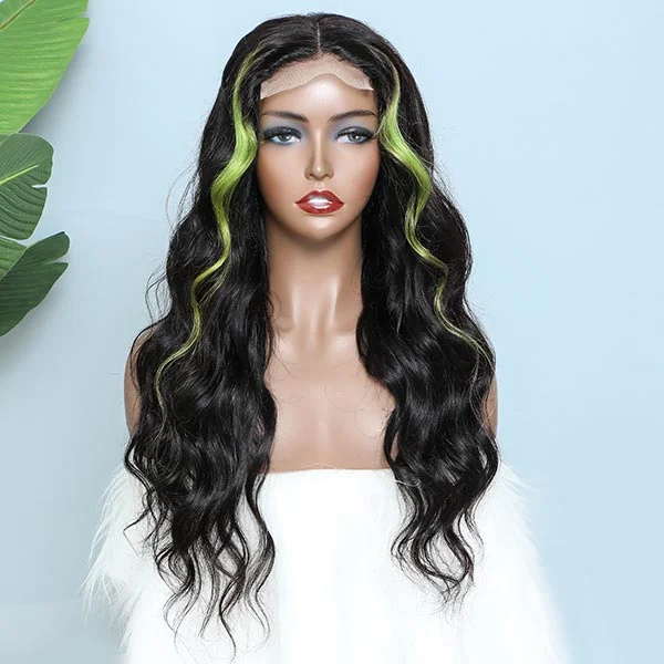 omgjackiee Recommend Color Green Skunk Stripe Hair Body Wave Human Hair Lace Front Wigs 180 Density