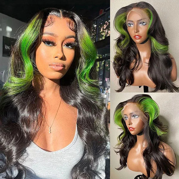 omgjackiee Recommend Color Green Skunk Stripe Hair Body Wave Human Hair Lace Front Wigs 180 Density