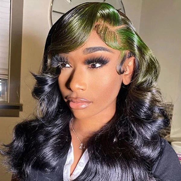 omgjackiee Recommend Color Green Skunk Stripe Hair Body Wave Human Hair Lace Front Wigs 180 Density