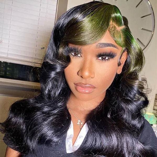 omgjackiee Recommend Color Green Skunk Stripe Hair Body Wave Human Hair Lace Front Wigs 180 Density