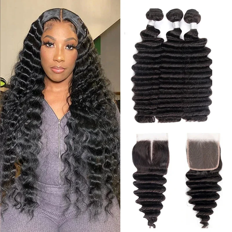 Cranberry Indian Loose Deep wave 3 Bundles with 5X5 Lace Closure for Full Head Sale