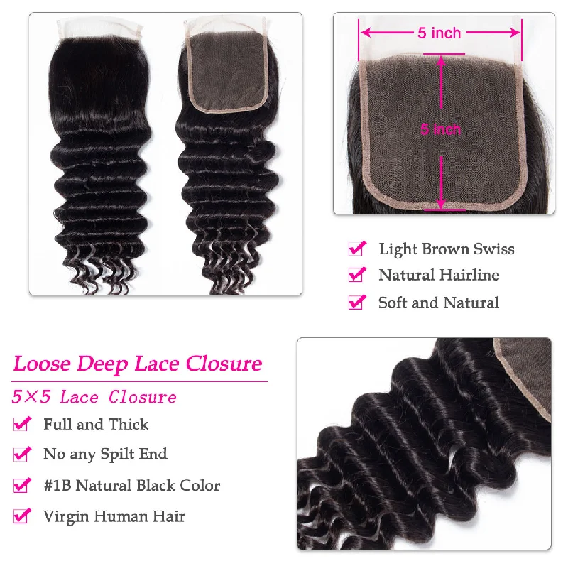 Cranberry Indian Loose Deep wave 3 Bundles with 5X5 Lace Closure for Full Head Sale