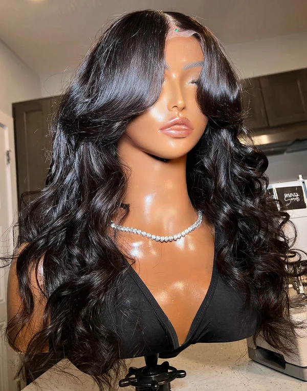 Dainty Secrets - Malaysian Hair Long Wavy With Curtain Bangs Lace Front Wig - DTS010