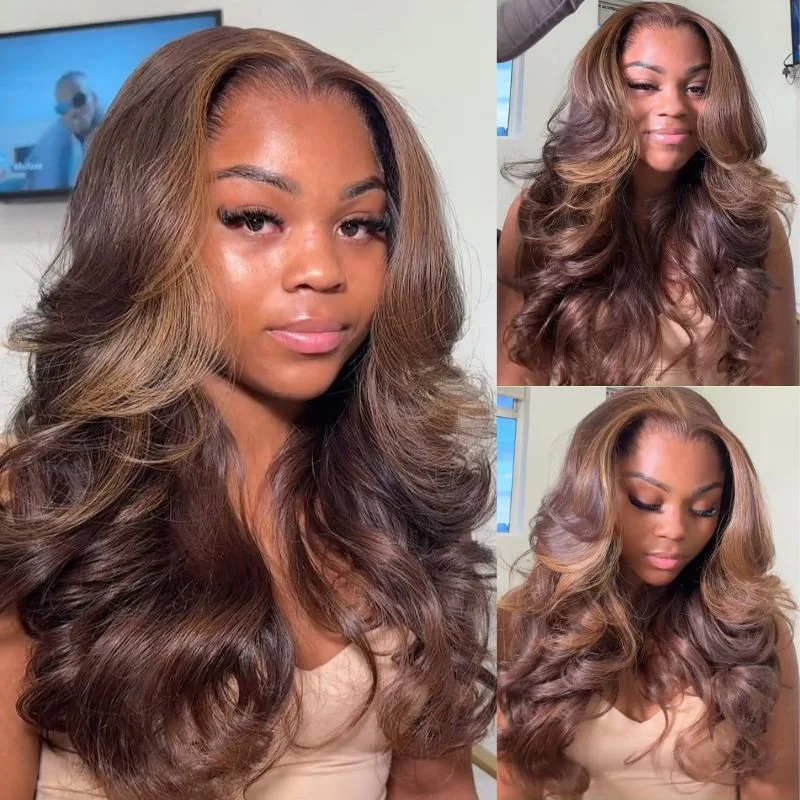 Dark Brown With Highlights  Loose Body Wave Wig 13x4 Glueless Wigs Human Hair Pre Plucked 250% Density