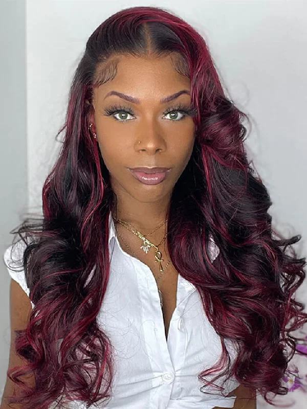 Dark Burgundy With Rose Red Highlights Glueless 13x4 Lace Color Wigs