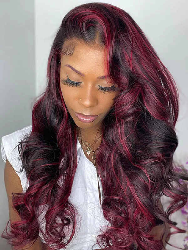 Dark Burgundy With Rose Red Highlights Glueless 13x4 Lace Color Wigs