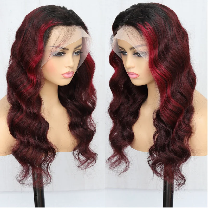 Dark Burgundy With Rose Red Highlights Glueless 13x4 Lace Color Wigs