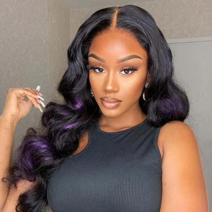 Glueless Long Peekaboo Highlight Purple Colored Wig New Trendy Body Wave 13x4 Lace Front Wigs Amanda Hair