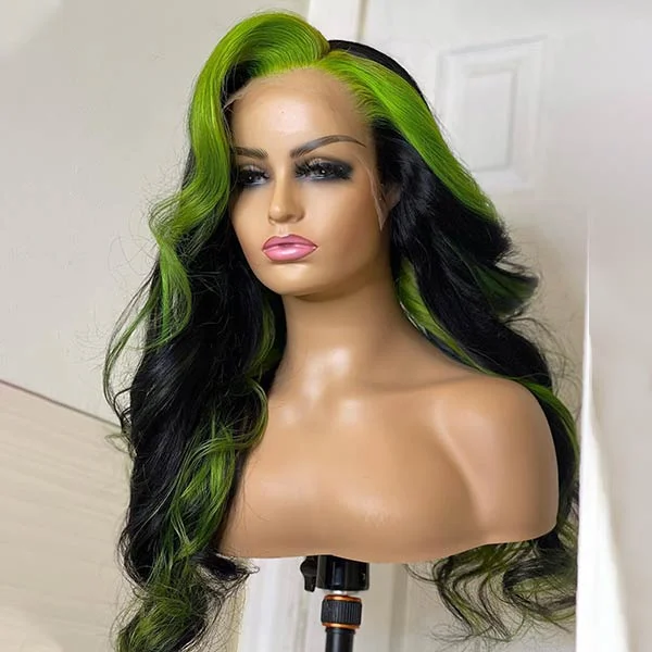 Green Skunk Stripe Lace Front Wigs Colored HD Human Hair Wigs with Baby Hair 30 Inch Body Wave Frontal Wigs