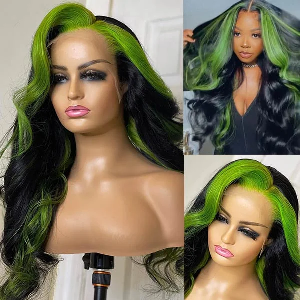 Green Skunk Stripe Lace Front Wigs Colored HD Human Hair Wigs with Baby Hair 30 Inch Body Wave Frontal Wigs