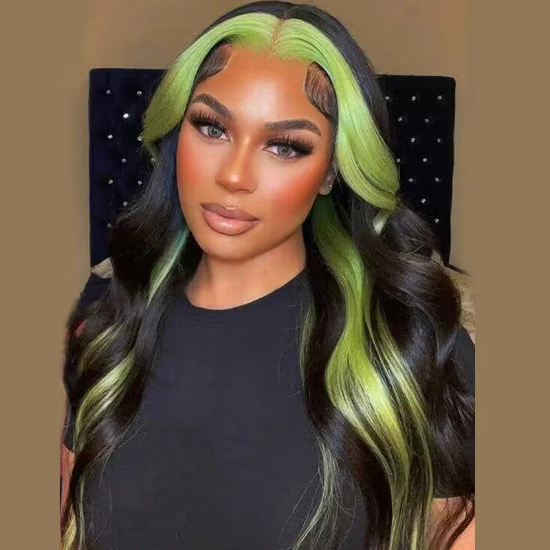 Green Skunk Stripe Lace Front Wigs Colored HD Human Hair Wigs with Baby Hair 30 Inch Body Wave Frontal Wigs