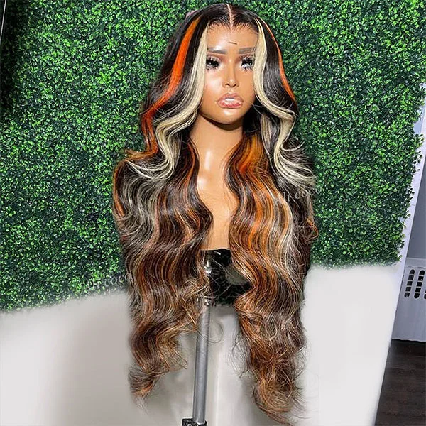 Highlights Orange Blonde Body Wave Lace Frontal Human Hair Wigs For Women