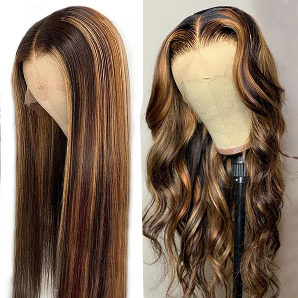 Ishow Honey Blonde Human Hair Wigs P4/27 Highlight Wigs Straight and Body Wave Glueless Wig