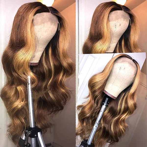 Ishow Honey Blonde Human Hair Wigs P4/27 Highlight Wigs Straight and Body Wave Glueless Wig