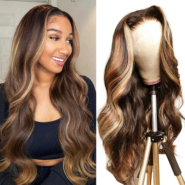 Ishow Honey Blonde Human Hair Wigs P4/27 Highlight Wigs Straight and Body Wave Glueless Wig