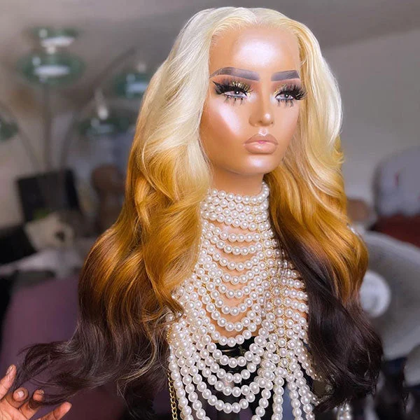 Junoda 613 Blonde Yellow Orange Brown Body Wave Lace Front Wig 3 Tone Colored Human Hair Wigs