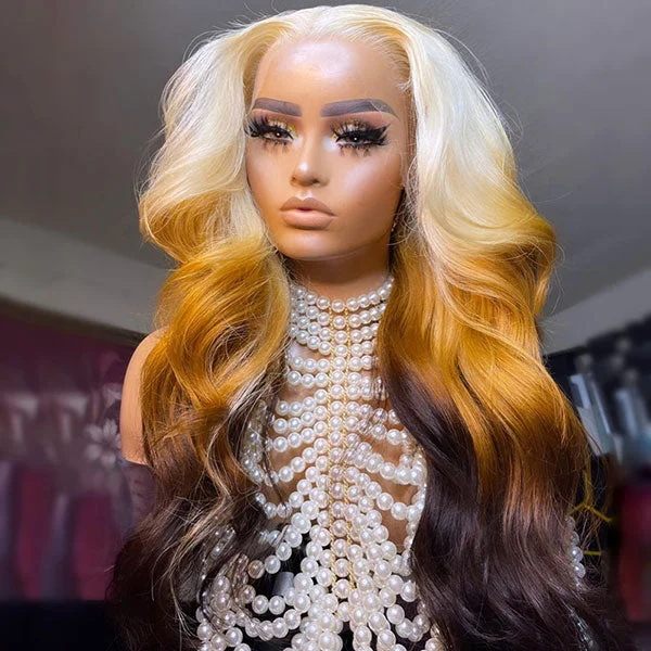 Junoda 613 Blonde Yellow Orange Brown Body Wave Lace Front Wig 3 Tone Colored Human Hair Wigs