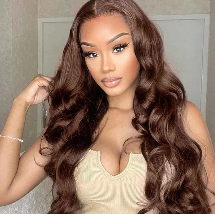 Junoda Chocolate Brown Body Wave  Human Hair Wig Color 4 Chestnut Brown Wig cs1