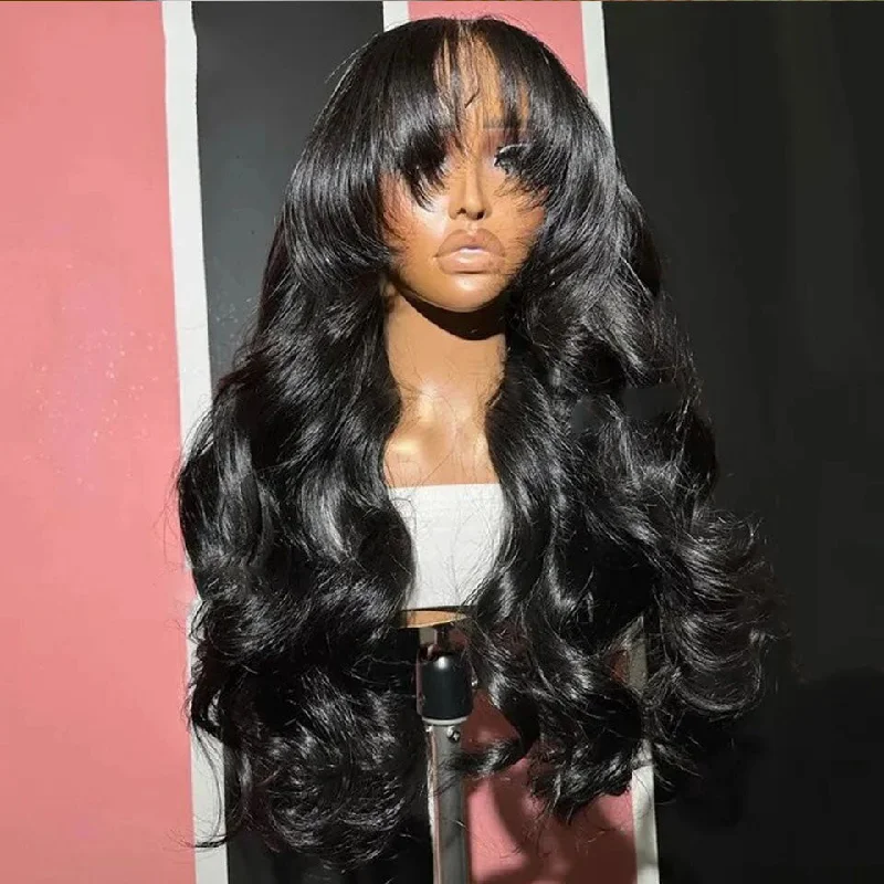 Lumiere Bangs Body Wave Fringe Red 13x4 Transparent Lace Frontal 180% Density Human Hair Wigs For Black Women HDZ