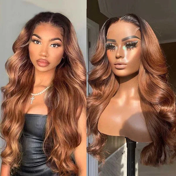 Lolly Ombre Brown Body Wave 13x4 HD Lace Front Wig #1b/30 Wear Go Gluless Colored Human Hair Wigs