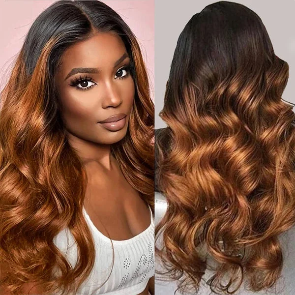 Lolly Ombre Brown Body Wave 13x4 HD Lace Front Wig #1b/30 Wear Go Gluless Colored Human Hair Wigs