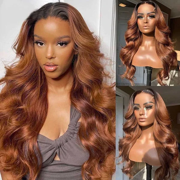 Lolly Ombre Brown Body Wave 13x4 HD Lace Front Wig #1b/30 Wear Go Gluless Colored Human Hair Wigs