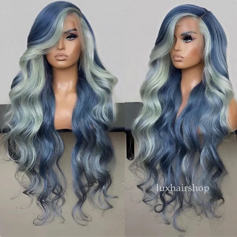 Peruvian Hair Blue Color Highlights Style Body Wavy Lace Front Wig