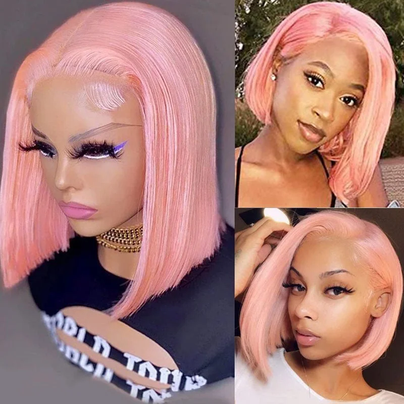 Pink Bob Lace Wigs Pre-plucked Natural Straight Human Hair Wig For Black Women