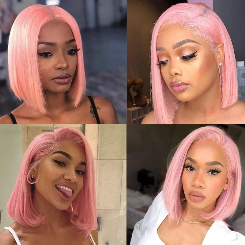 Pink Bob Lace Wigs Pre-plucked Natural Straight Human Hair Wig For Black Women